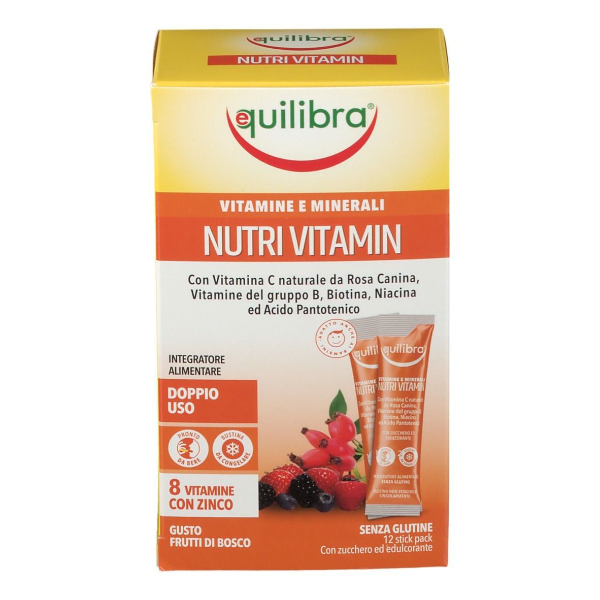 Scatola gialla Equilibra NUTRI VITAMIN. Contiene 12 stick. Scritto: Vitamine e minerali, 8 vitamine con zinco, gusto frutti di bosco.