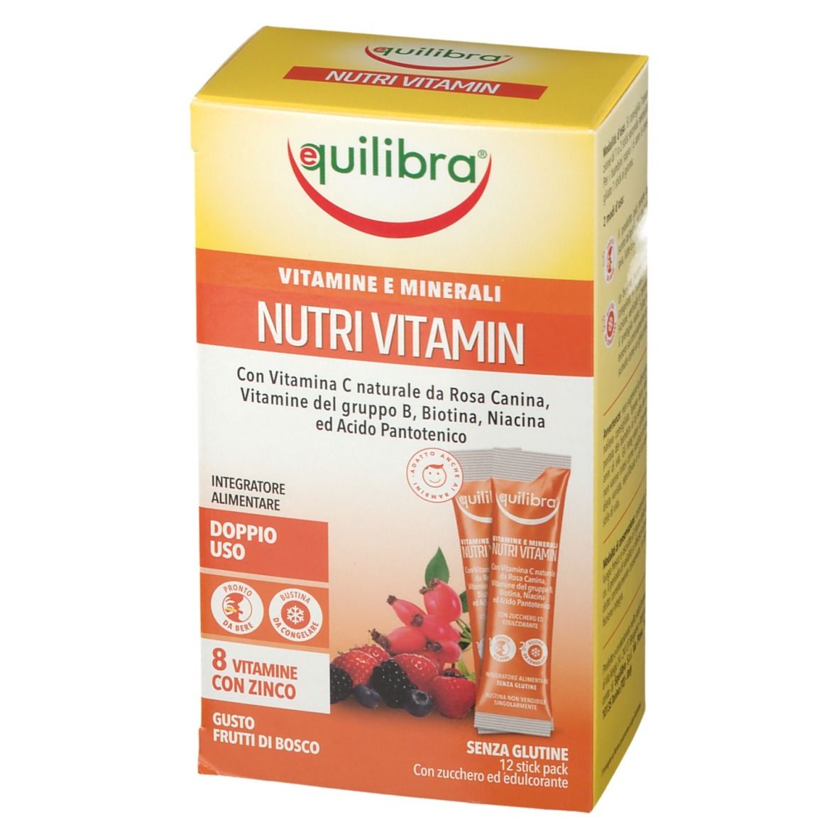 Scatola gialla Equilibra NUTRI VITAMIN. Contiene 12 stick. Scritto: Vitamine e minerali, 8 vitamine con zinco, gusto frutti di bosco.