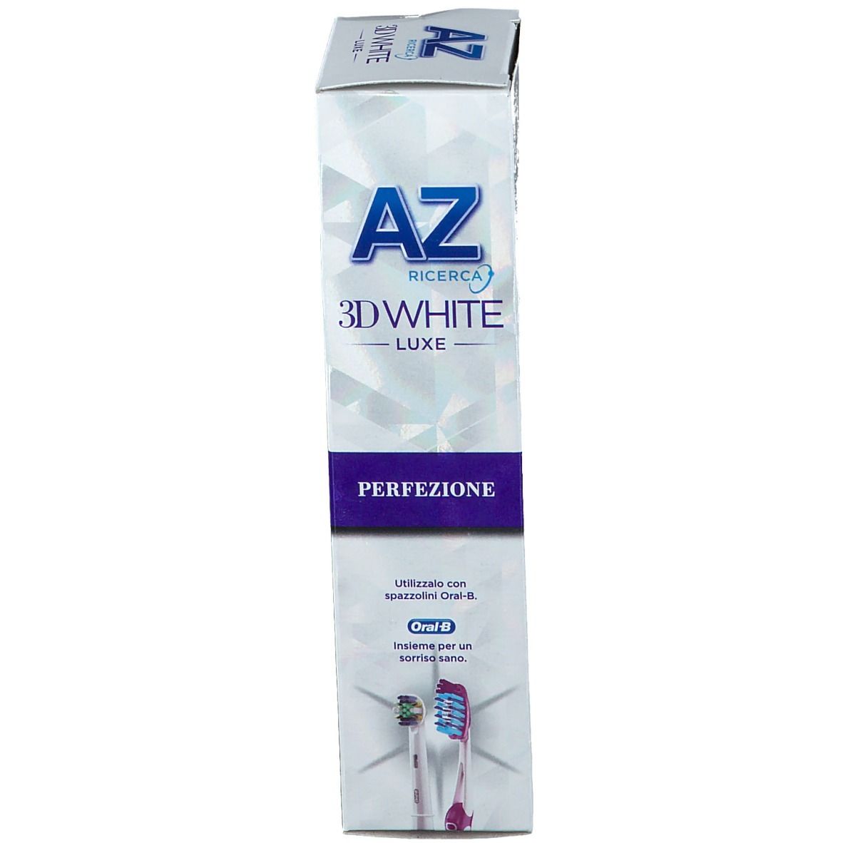 Confezione di dentifricio AZ 3D White Luxe Perfection. Bianco, design blu. Testo: Perfezione. Con Oral-B.
