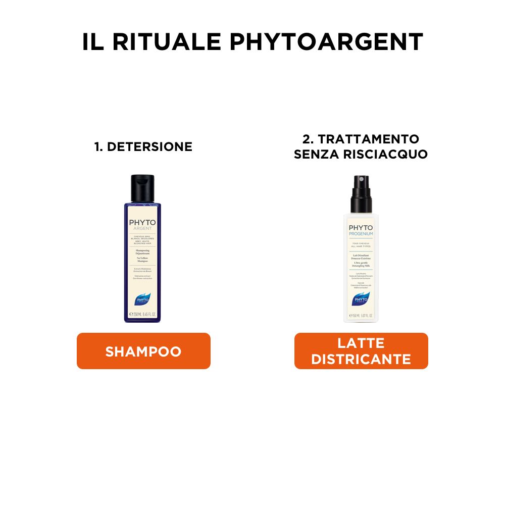Due prodotti: shampoo e latte senza risciacquo. Testo: Il Rituale PHYTOARGENT. Testi italiani.