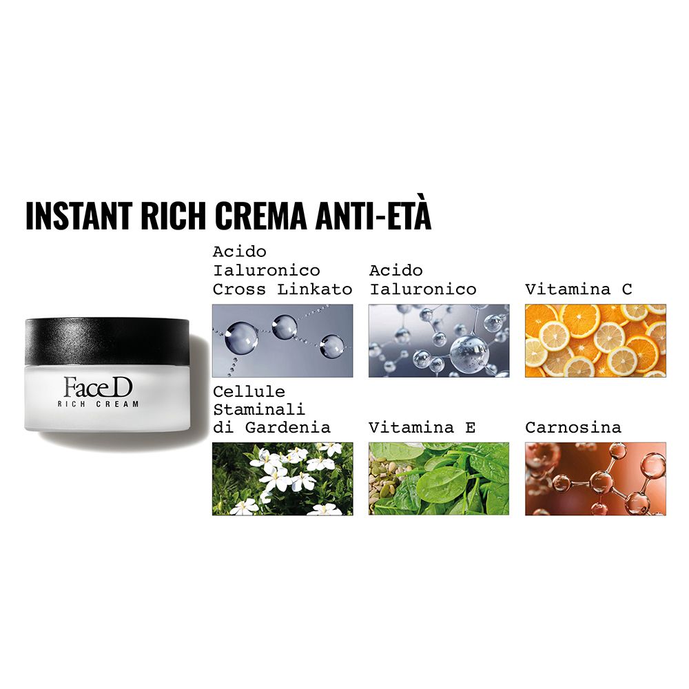 Face D Rich Cream. Ingredienti: acido ialuronico, vitamina C, vitamina E, ecc.