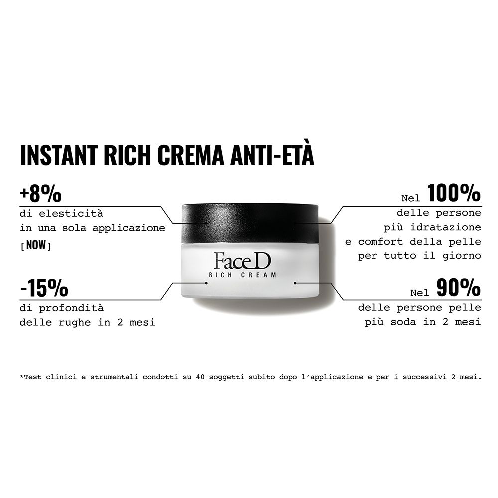 Face D Rich Cream. Testo: +8% elasticità, -15% rughe. 100% più idratazione.