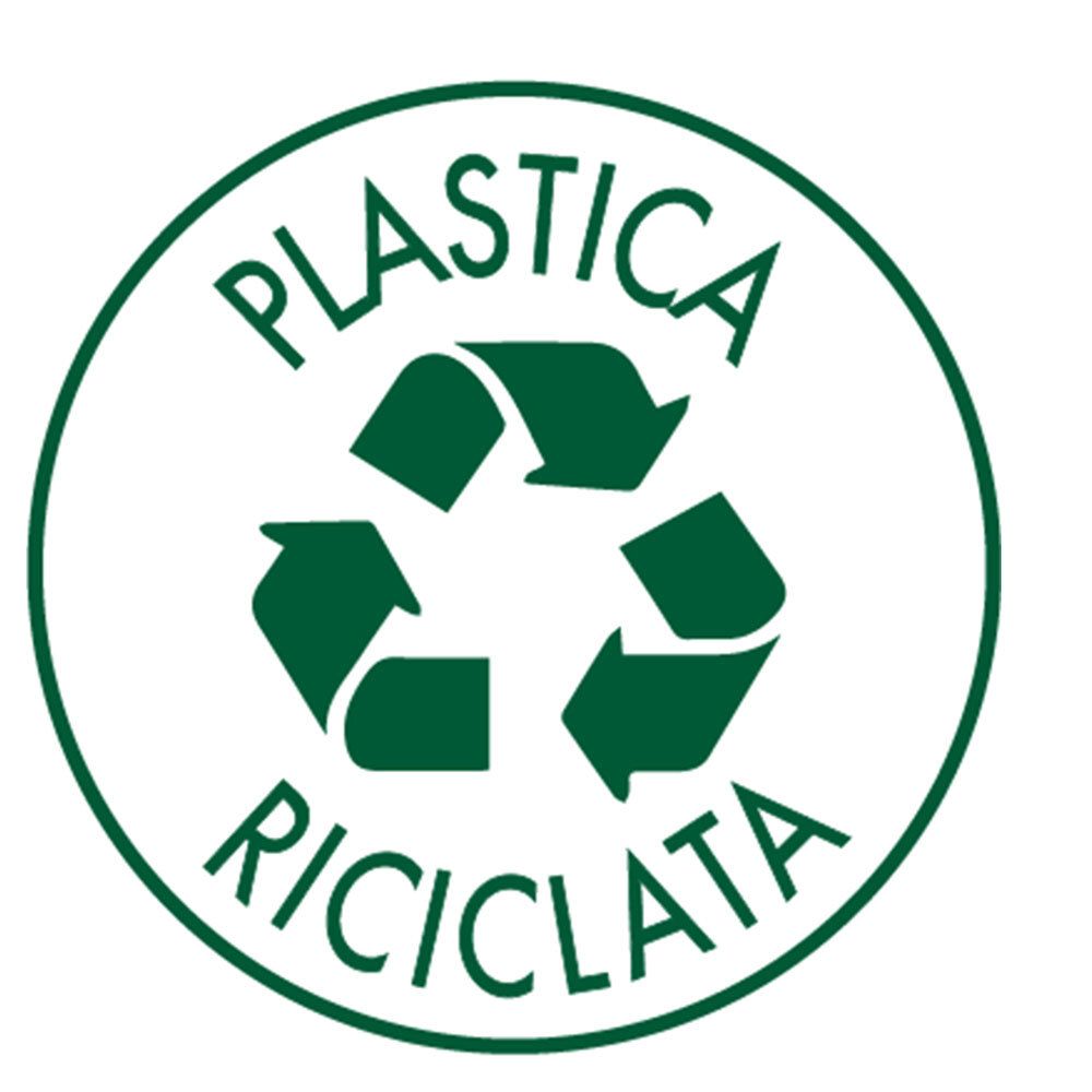 Adesivo rotondo con simbolo di riciclo verde e testo: PLASTICA RICICLATA.