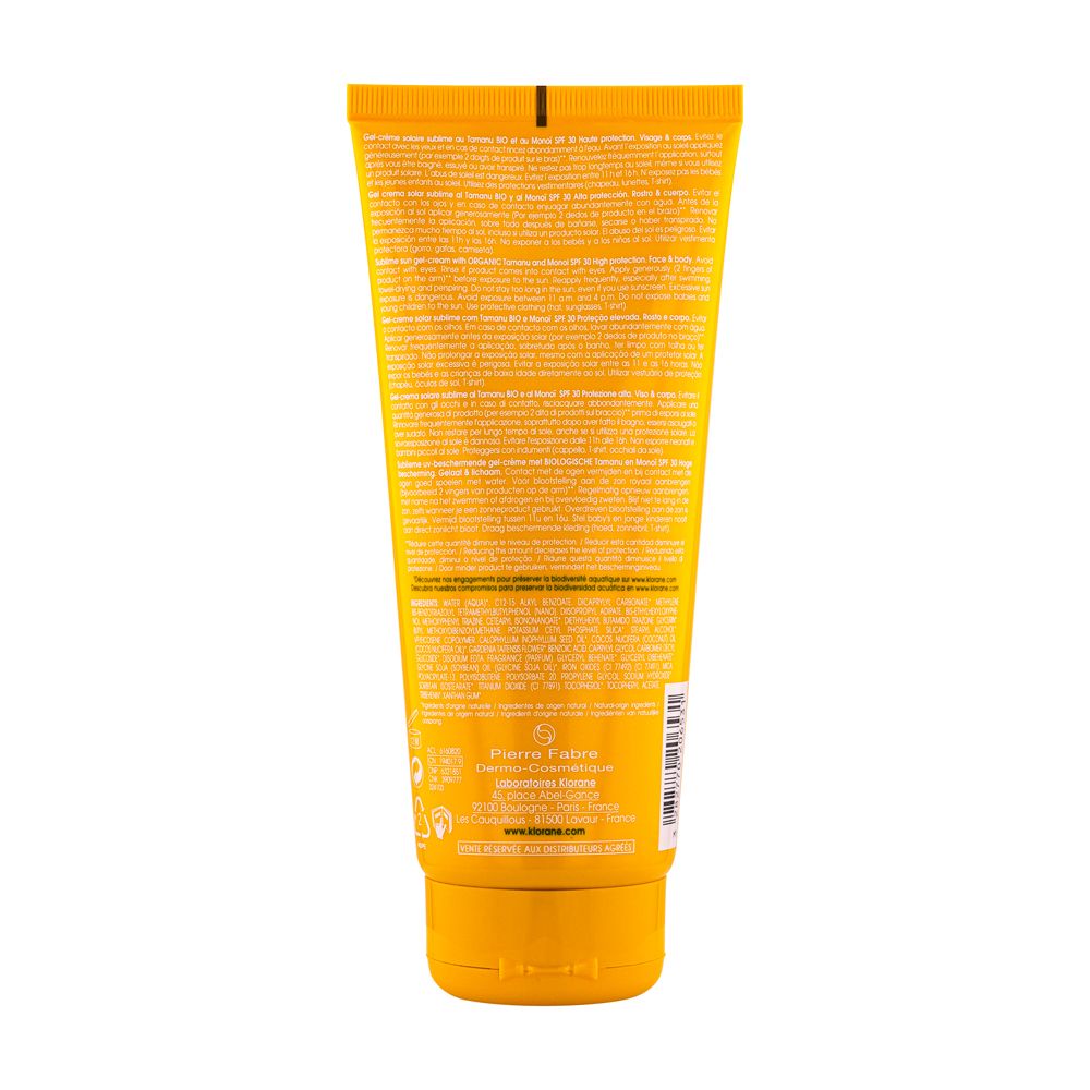 Klorane Gel-Crema Solare Sublime SPF 30 con Tamanu BIO e Monoï 200ml - Protezione solare alta