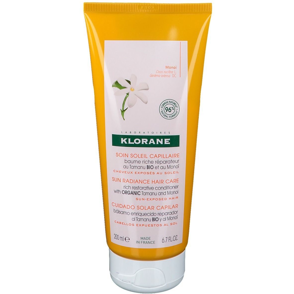 Tubo giallo con tappo bianco. Testo: KLORANE, Sun Radiance Hair Care. Contiene Tamanu BIO e Monoi. Volume: 200ml / 6.7 FL OZ.