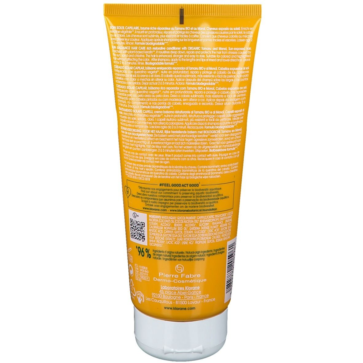 Retro di un tubo giallo con tappo bianco. Testo: KLORANE, ingredienti, istruzioni per l'uso. 96% ingredienti naturali. Pierre Fabre.