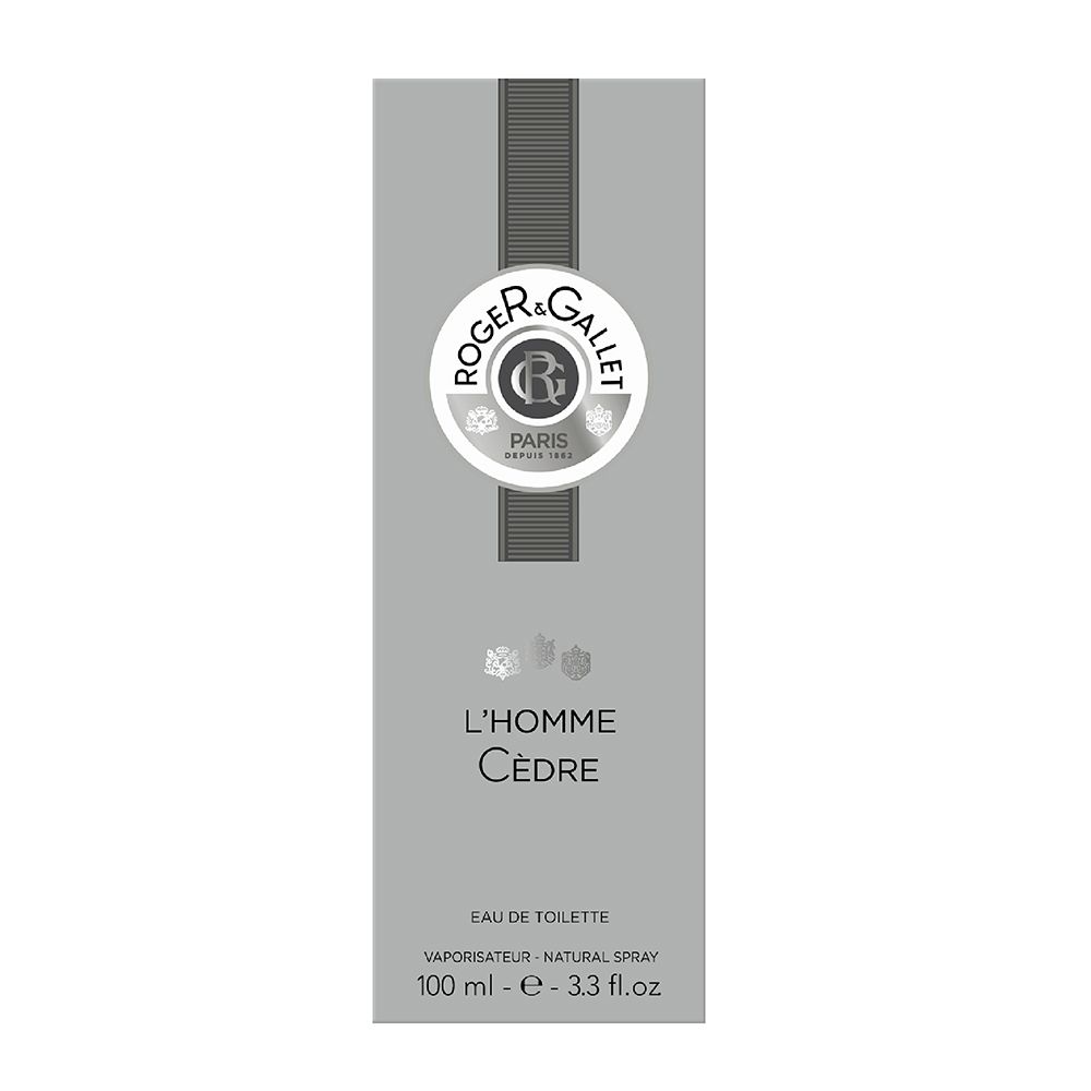 Confezione grigia Roger & Gallet L'Homme Cèdre. Logo, scritta e nome del prodotto.