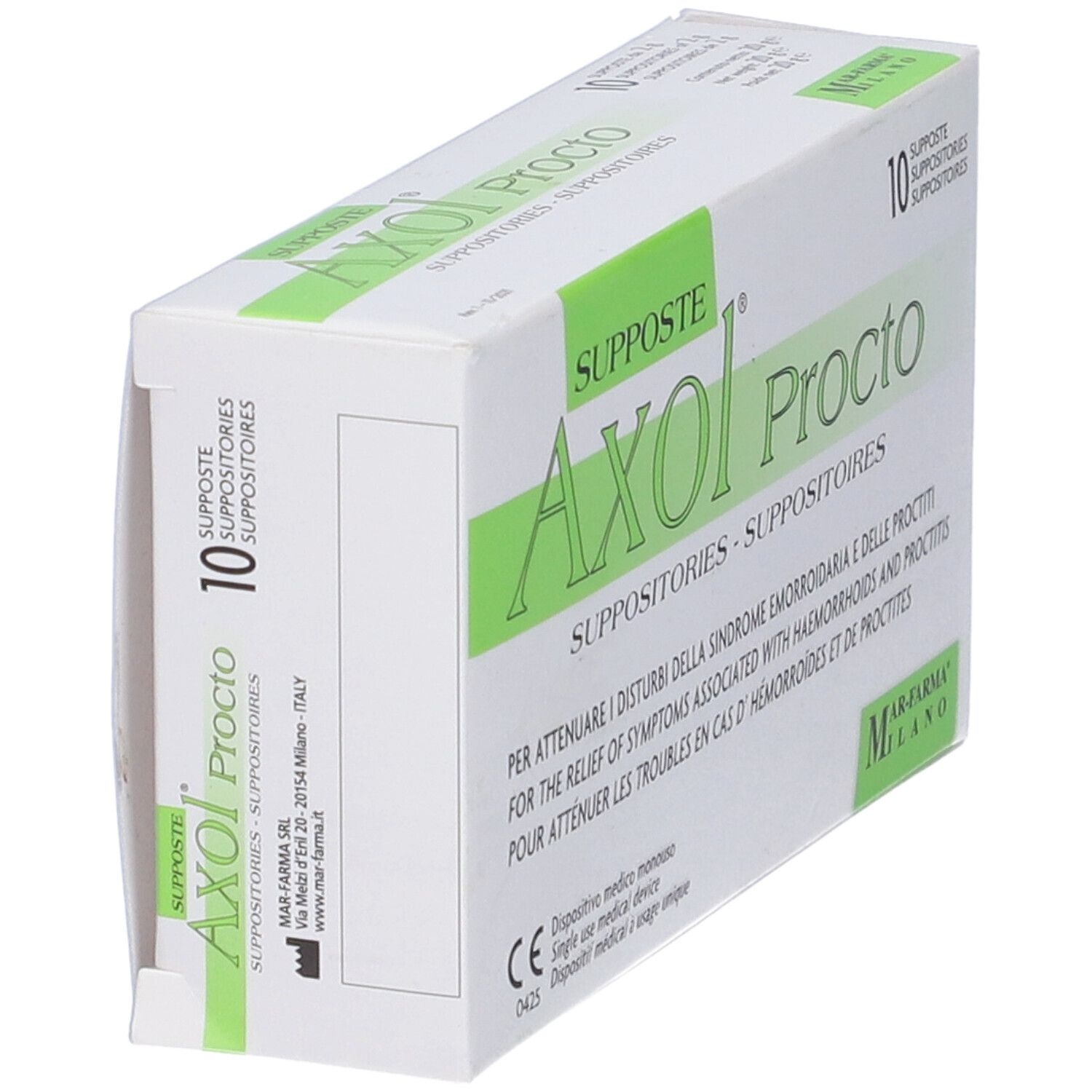 Scatola di supposte Axol Procto. Confezione verde e bianca, testo multilingue. Contiene 10 supposte.