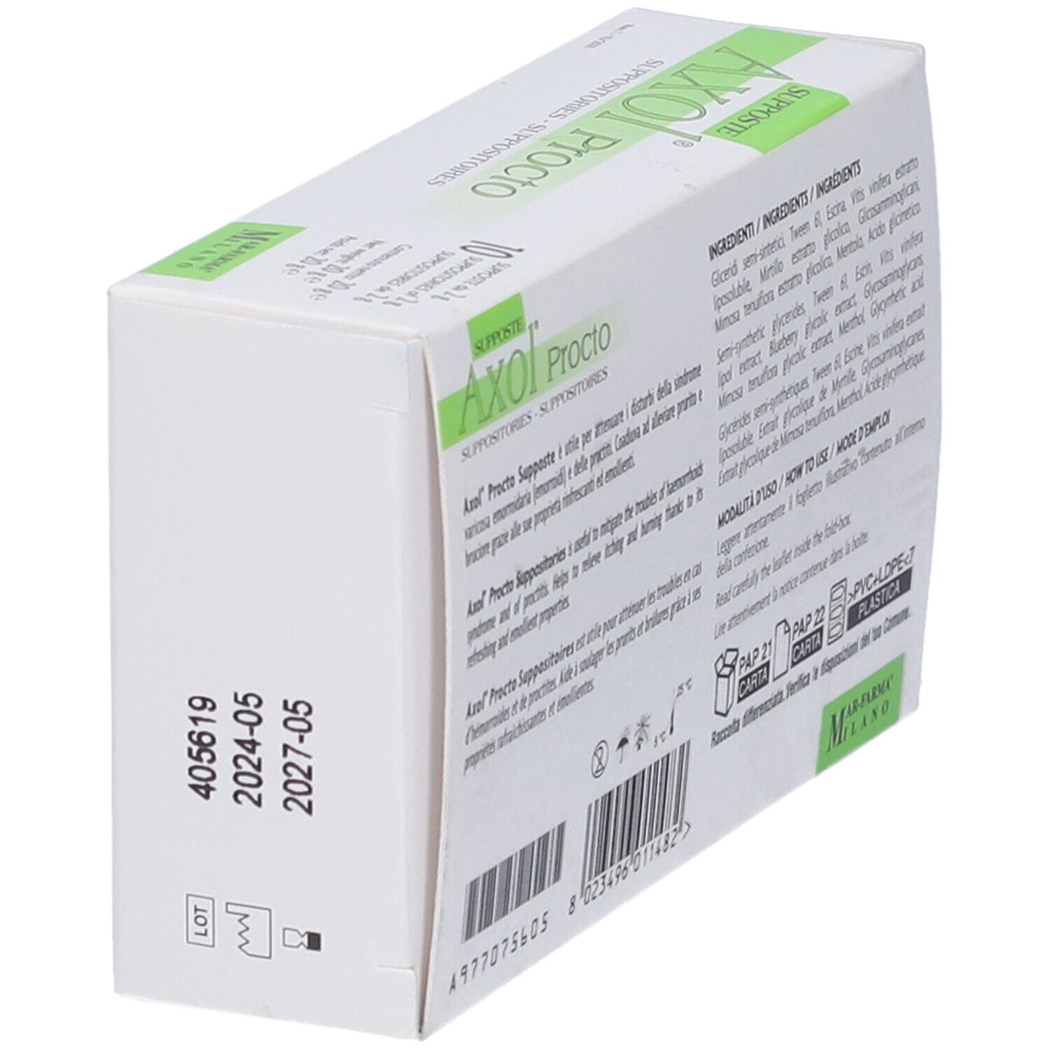 Lato della scatola di supposte Axol Procto. Testo multilingue. Numero di lotto, data di scadenza.