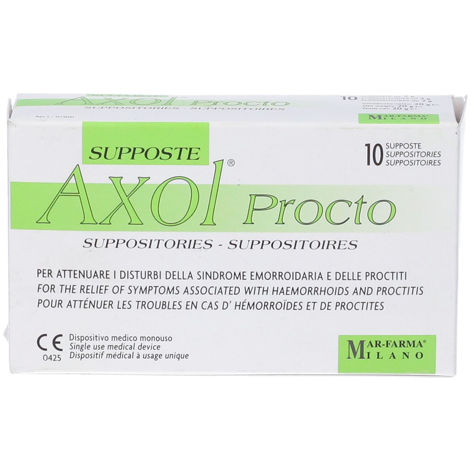 Scatola di supposte Axol Procto. Confezione verde e bianca, testo multilingue. Contiene 10 supposte.