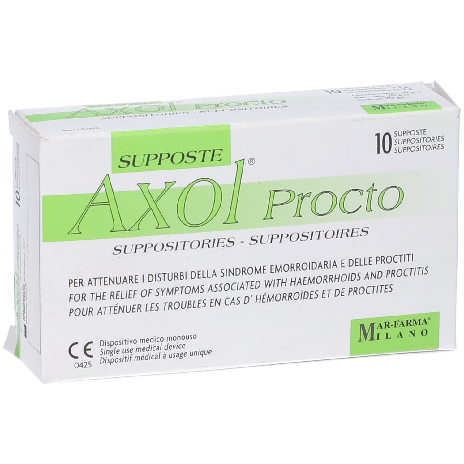 Scatola di supposte Axol Procto. Confezione verde e bianca, testo multilingue. Contiene 10 supposte.