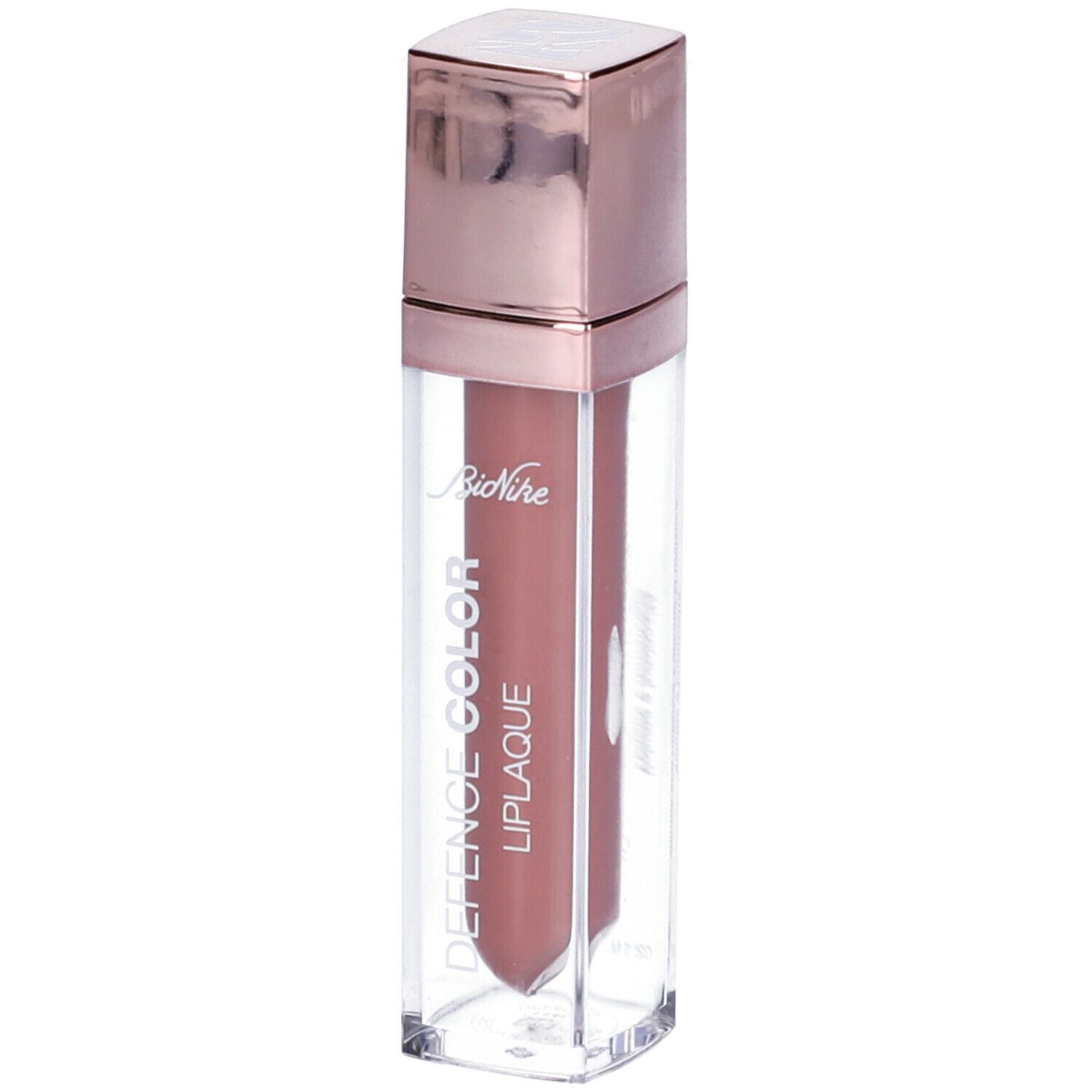 Lucidalabbra in flacone rettangolare trasparente con tappo oro rosa. Scritta: Defence Color Liplaque.