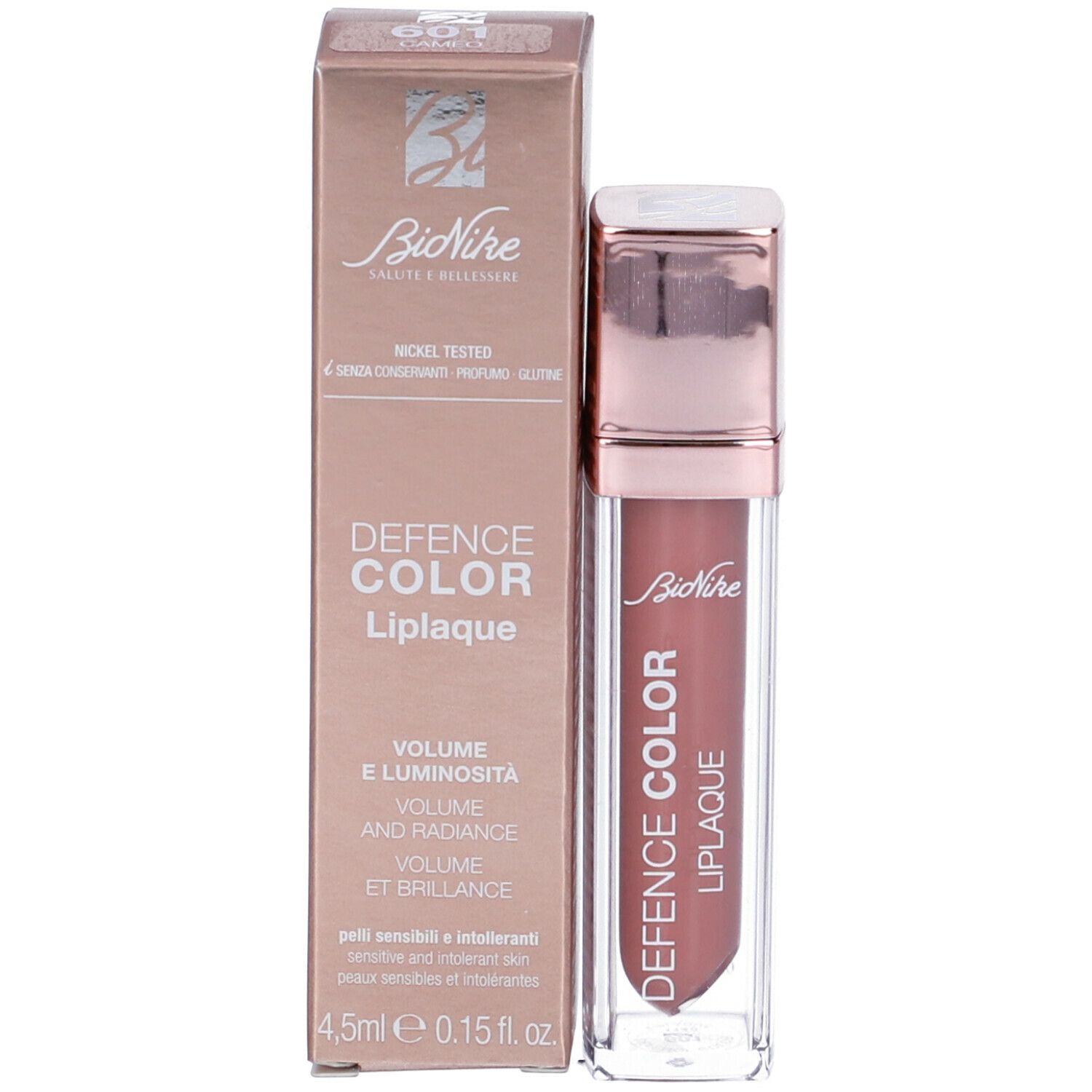 Lucidalabbra in flacone rettangolare trasparente con tappo oro rosa. Scritta: Defence Color Liplaque.