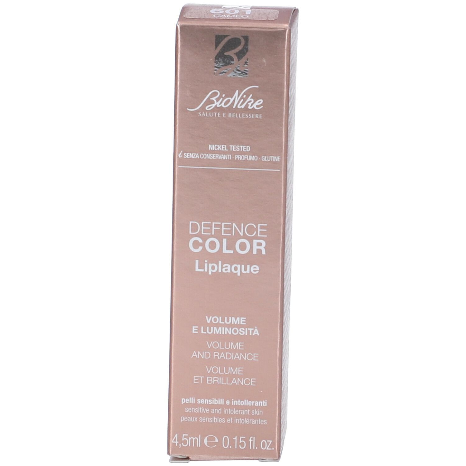 Confezione in cartone con lucidalabbra. Scritta: Defence Color Liplaque, Volume e luminosità, 4,5 ml.