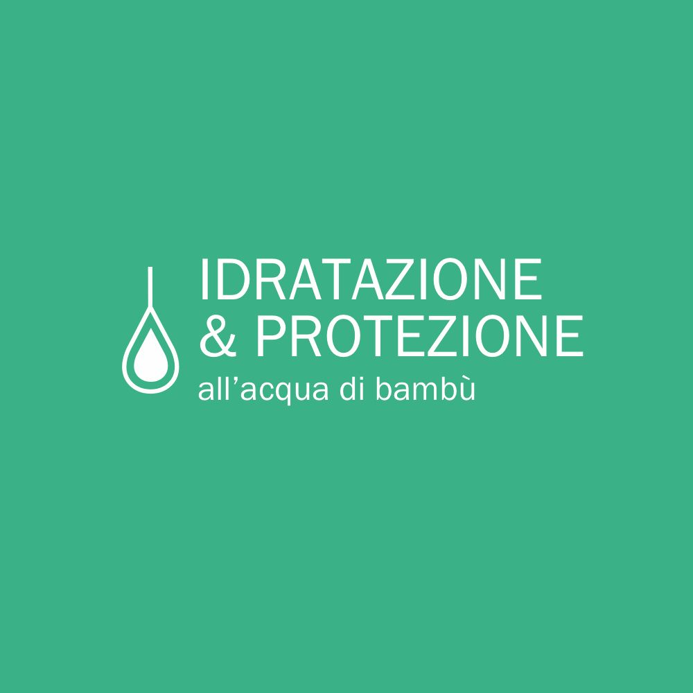 Testo su sfondo verde: IDRATAZIONE & PROTEZIONE all'acqua di bambù. Simbolo goccia.