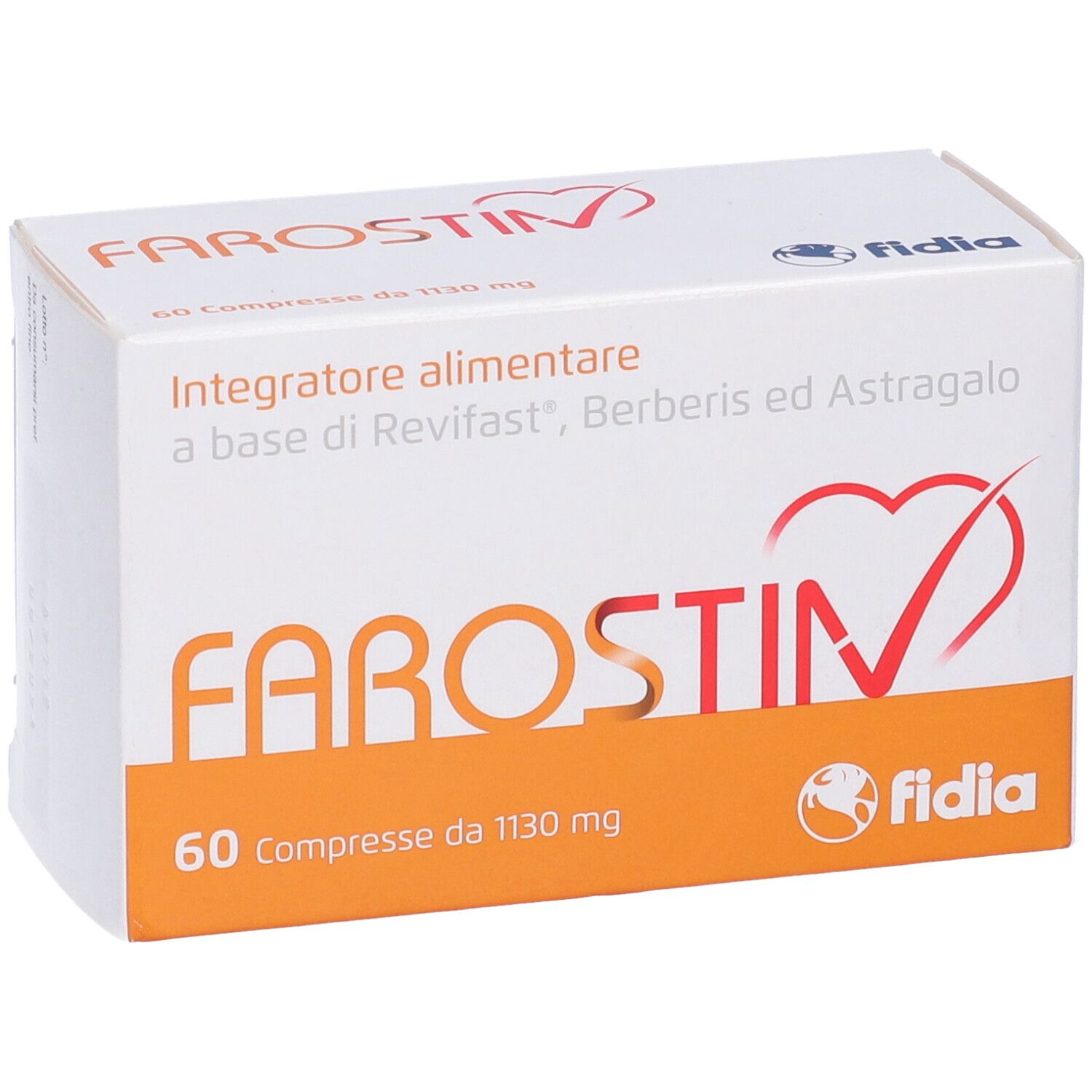 Scatola Farostin Compresse. 60 compresse, 1130 mg. Marchio Fidia. Fronte con logo.