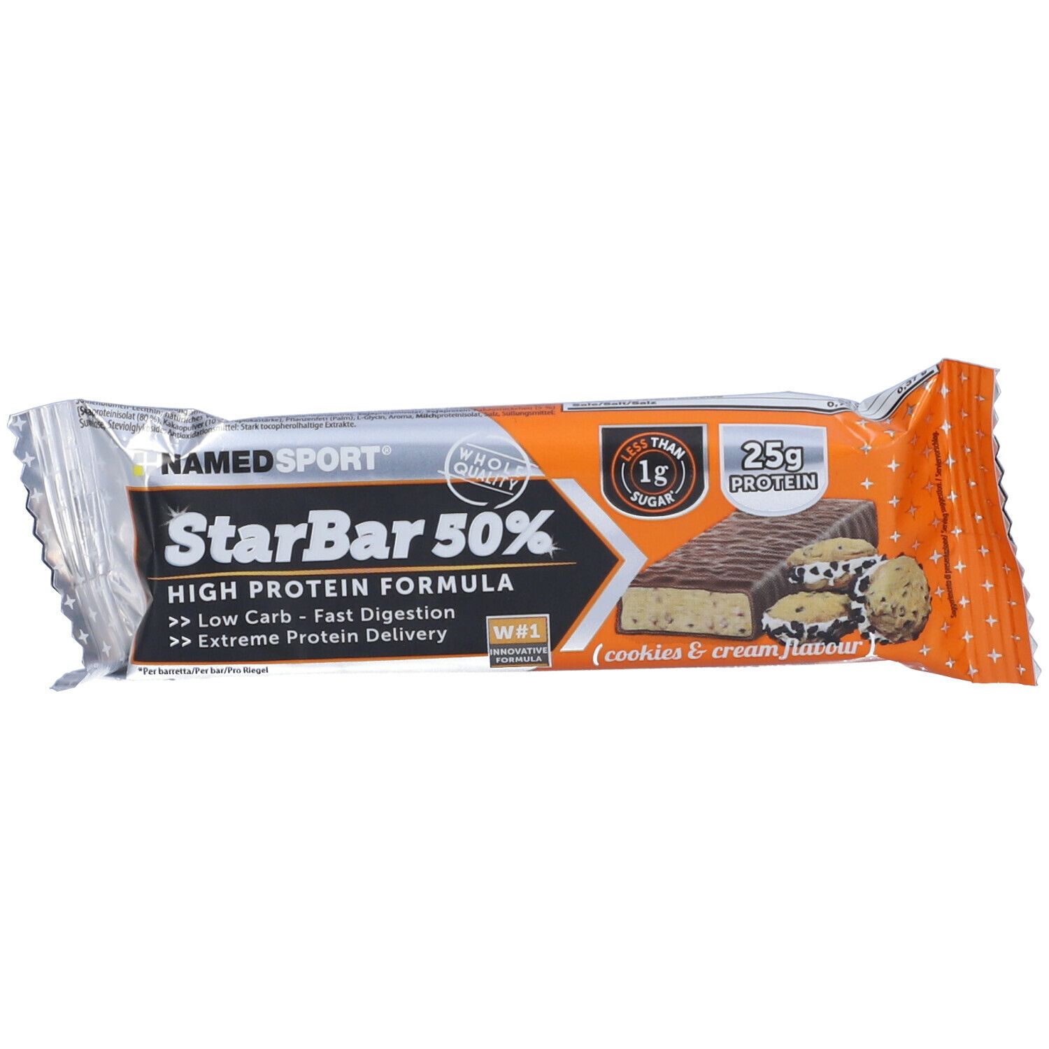 Barretta confezionata. Scritta: StarBar 50%, High Protein Formula, 25g proteine, 1g zucchero. Cookies & Cream.