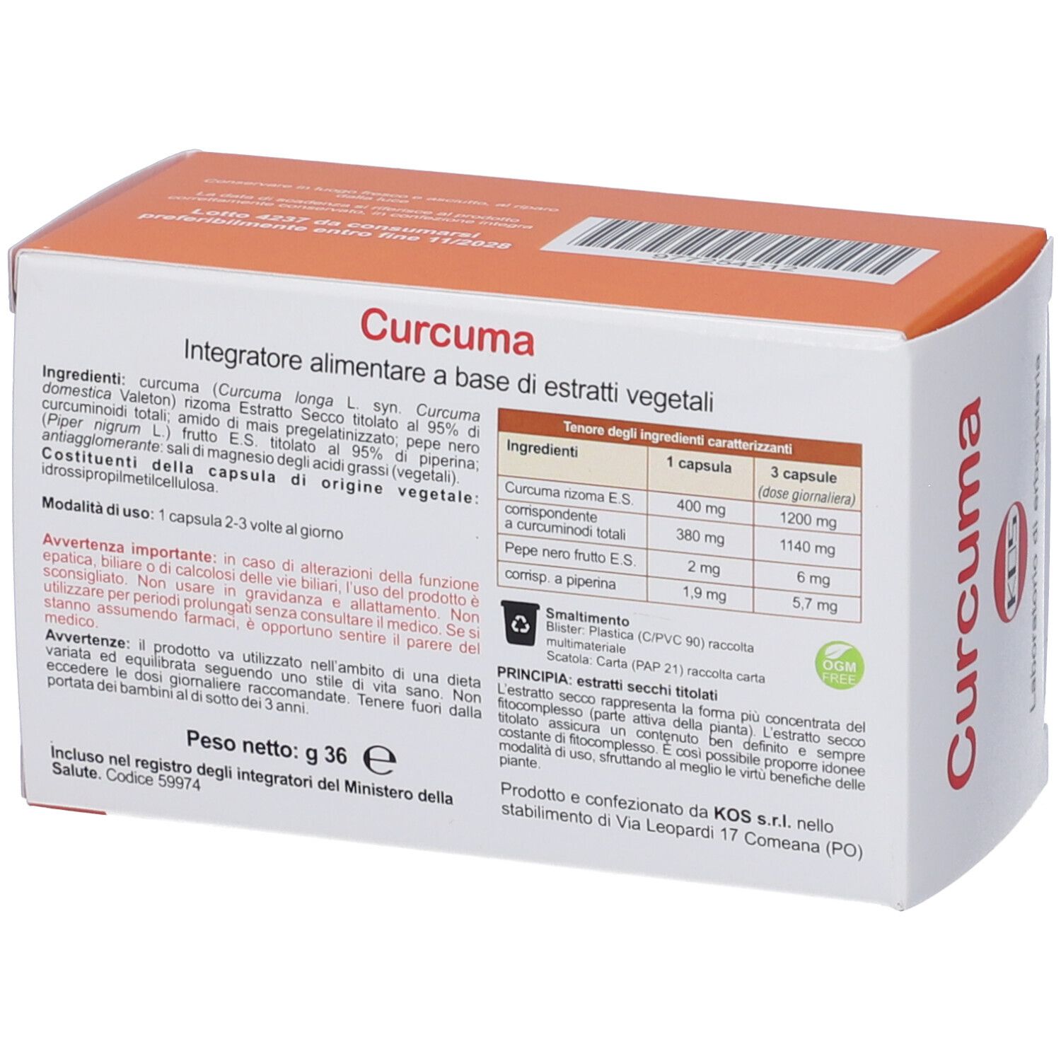 Retro della confezione con ingredienti e informazioni nutrizionali per capsule di curcuma.