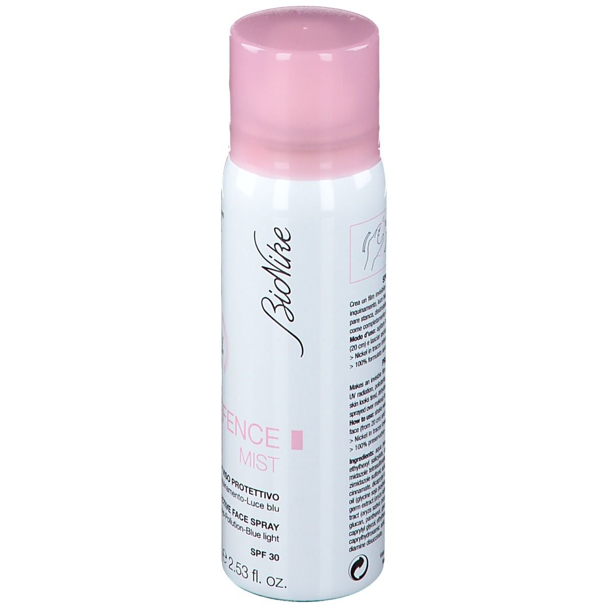 Spray bianco con tappo rosa. Scritta: BioNike, Defence Mist, SPF 30, 2.53 fl. oz.