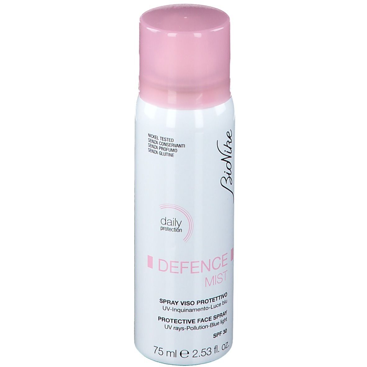 Spray bianco con tappo rosa. Scritta: BioNike, Defence Mist, Protective Face Spray, 75 ml.