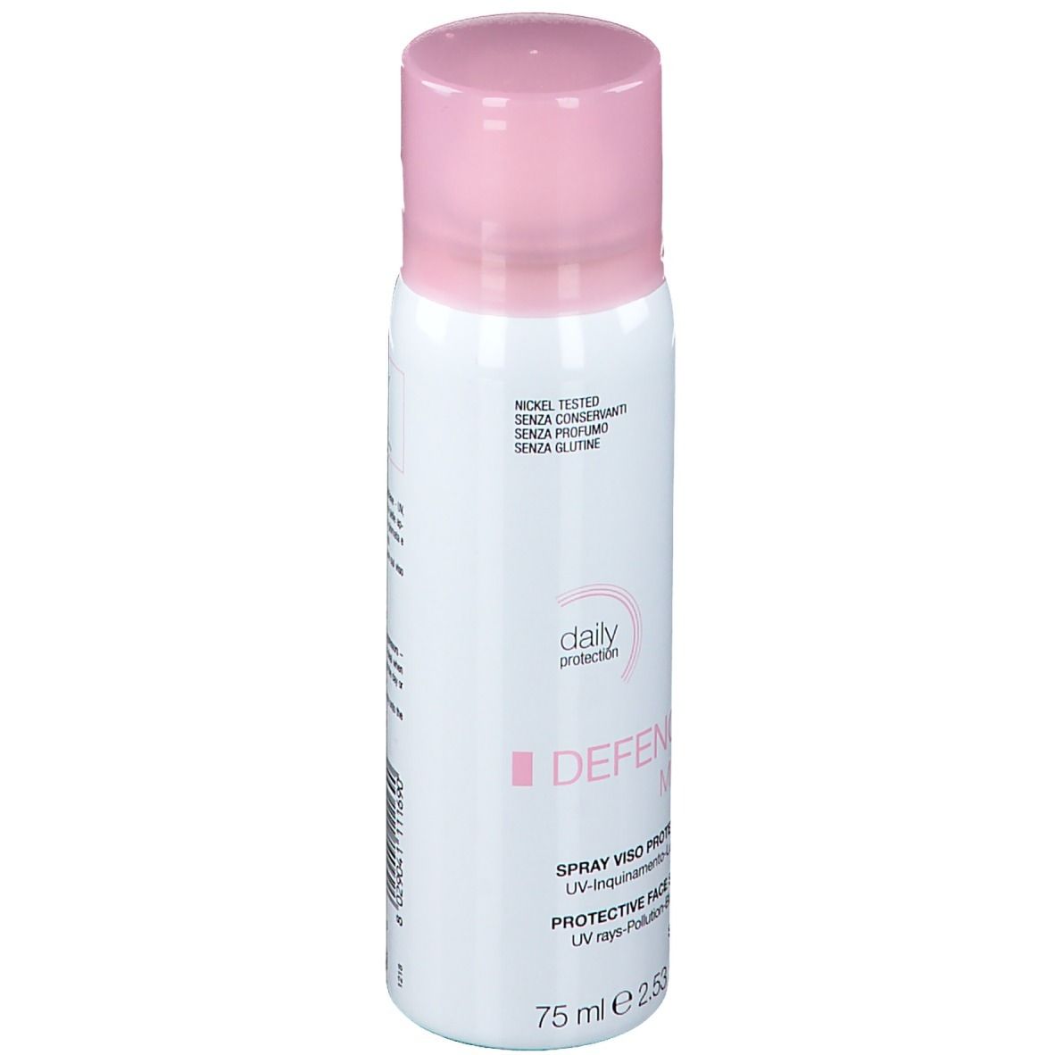 Spray bianco con tappo rosa. Scritta: Defence Mist, Protective Face Spray, 75 ml.