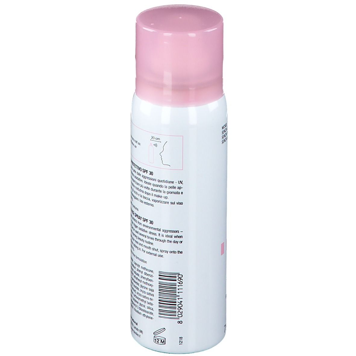 Spray bianco con tappo rosa. Retro con testo, codice a barre e istruzioni per l'uso.