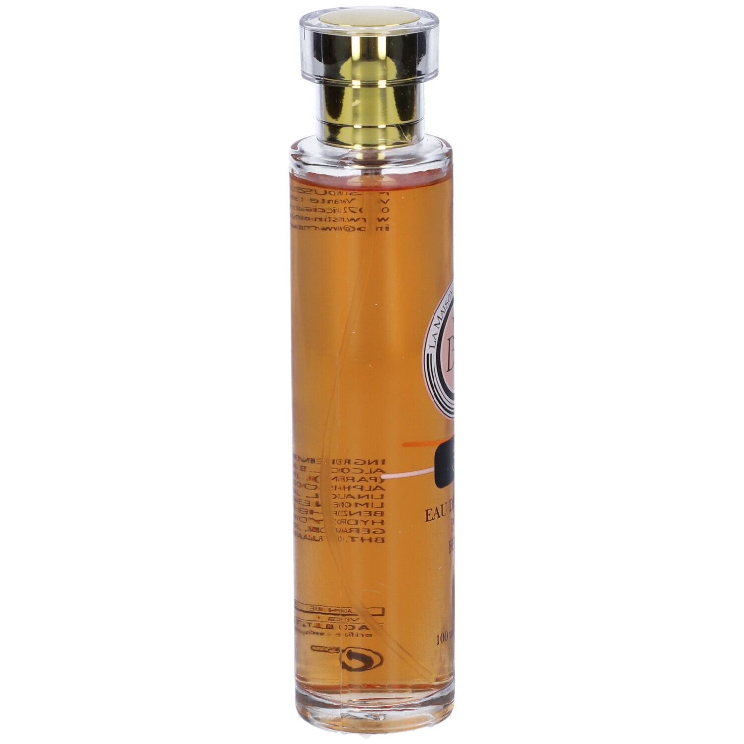 Flacone di profumo, tappo dorato. Scritte e ingredienti sul retro. Marchio: La Maison des Essences.