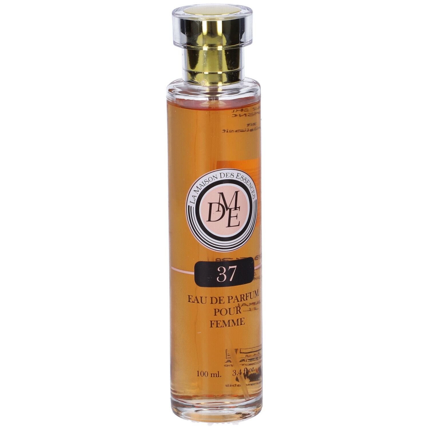 Flacone di profumo con tappo dorato. Scritta: 37 Eau de Parfum pour Femme. Marchio: La Maison des Essences.
