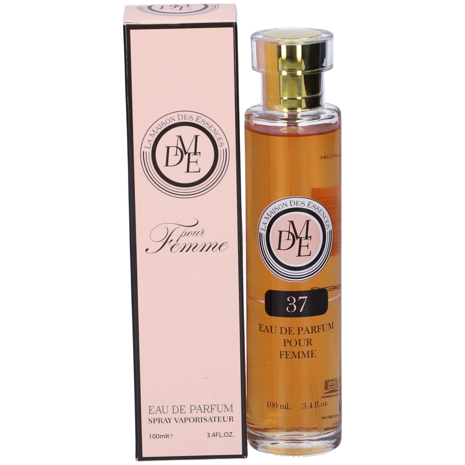 Flacone di profumo e confezione rosa. Scritta: Pour Femme, Eau de Parfum. Marchio: La Maison des Essences. Scritta: 37.
