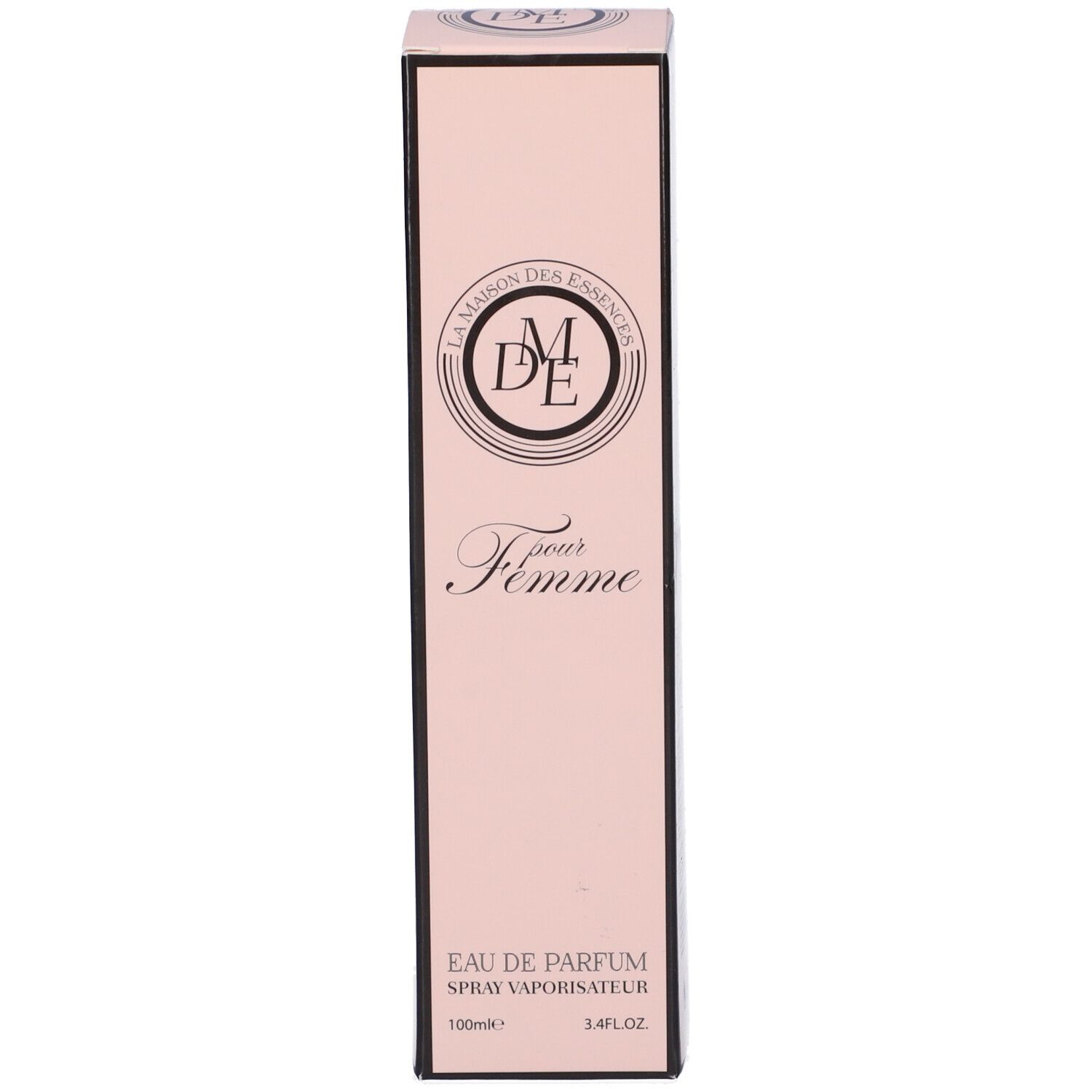 Confezione rosa per profumo. Scritta: Pour Femme, Eau de Parfum. Marchio: La Maison des Essences. Scritta: 37.
