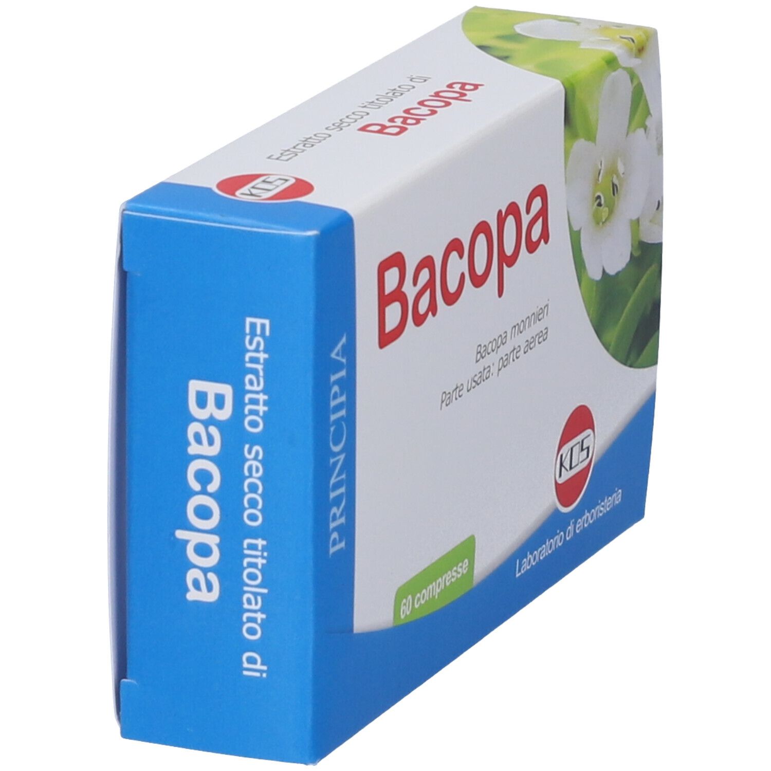 Scatola di compresse di Bacopa, vista angolata. Scritta "Bacopa" in rosso. Logo KOS e sfondo floreale. Contiene 60 compresse.