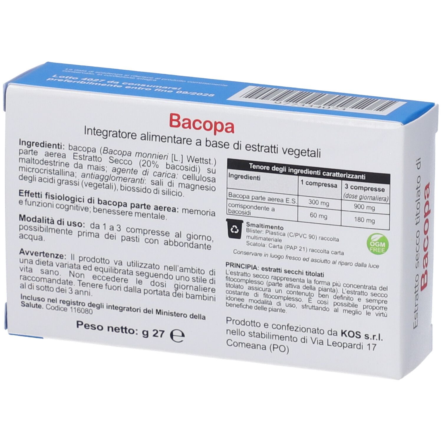 Retro della scatola di compresse di Bacopa. Testo con ingredienti e istruzioni per l'uso. Logo KOS e informazioni.