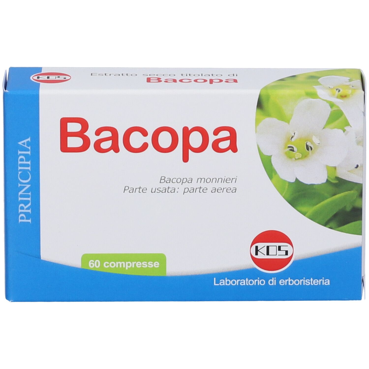 Scatola di compresse di Bacopa. Scritta "Bacopa" in rosso. Logo KOS e sfondo floreale. Contiene 60 compresse.