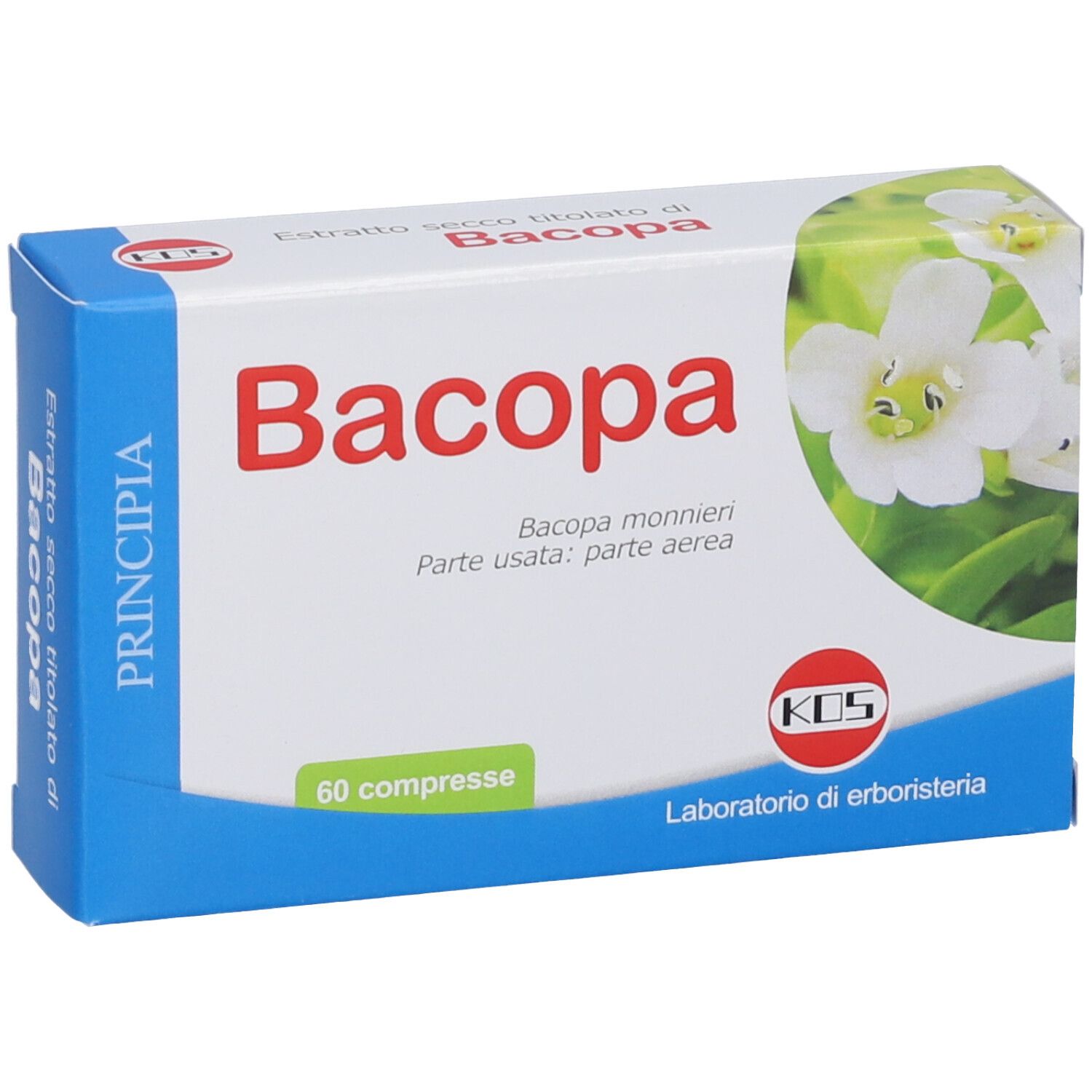 Scatola di compresse di Bacopa. Scritta "Bacopa" in rosso. Logo KOS e sfondo floreale. Contiene 60 compresse.
