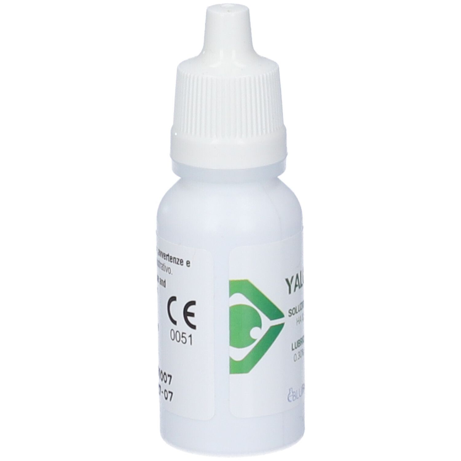 Flacone bianco con contagocce. Scritta: Yaloxin Gel, soluzione, 0,30% HA e Aloe vera. Marchio CE.