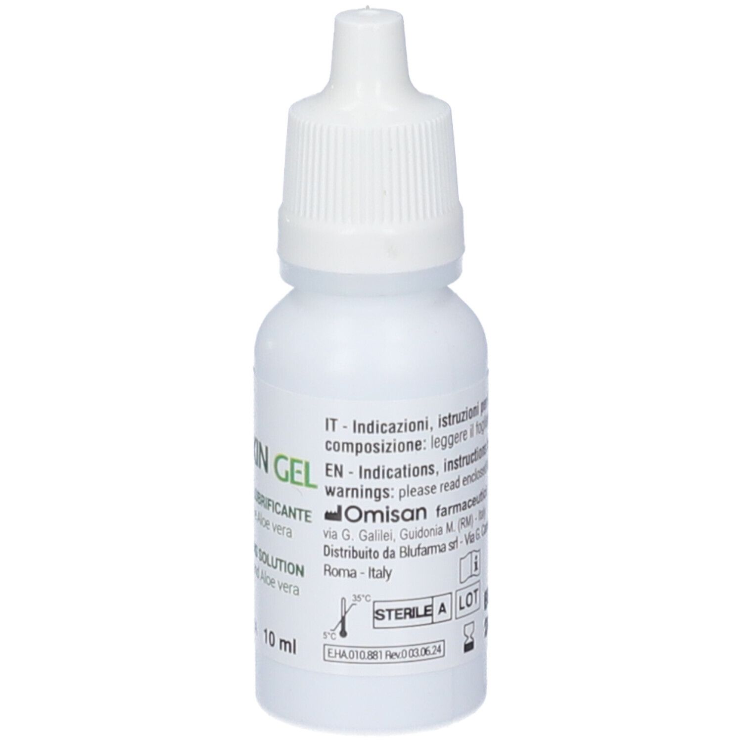 Flacone bianco con contagocce. Scritta: Yaloxin Gel, soluzione, 0,30% HA e Aloe vera. Indirizzo del produttore.