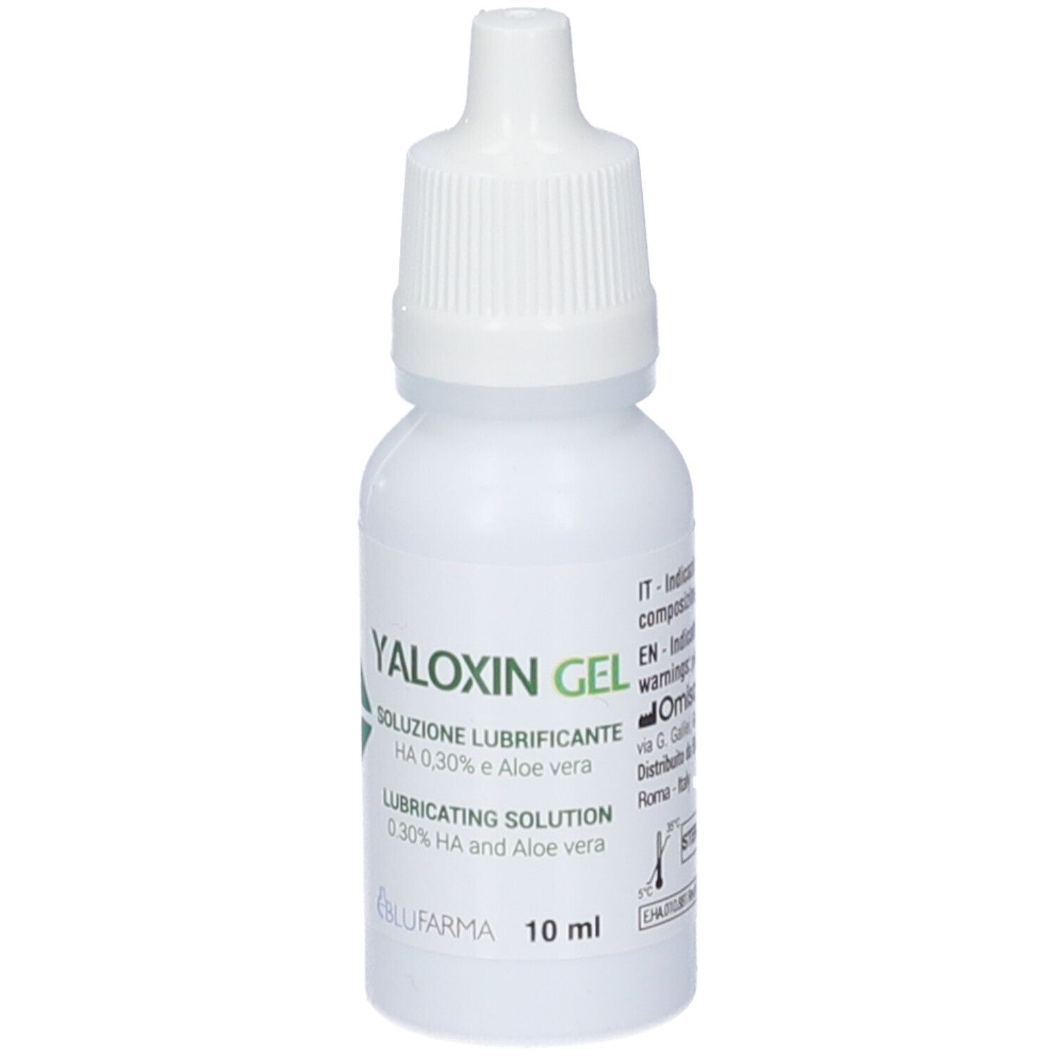 Flacone bianco con contagocce. Scritta: Yaloxin Gel, soluzione, 0,30% HA e Aloe vera. Volume: 10 ml.