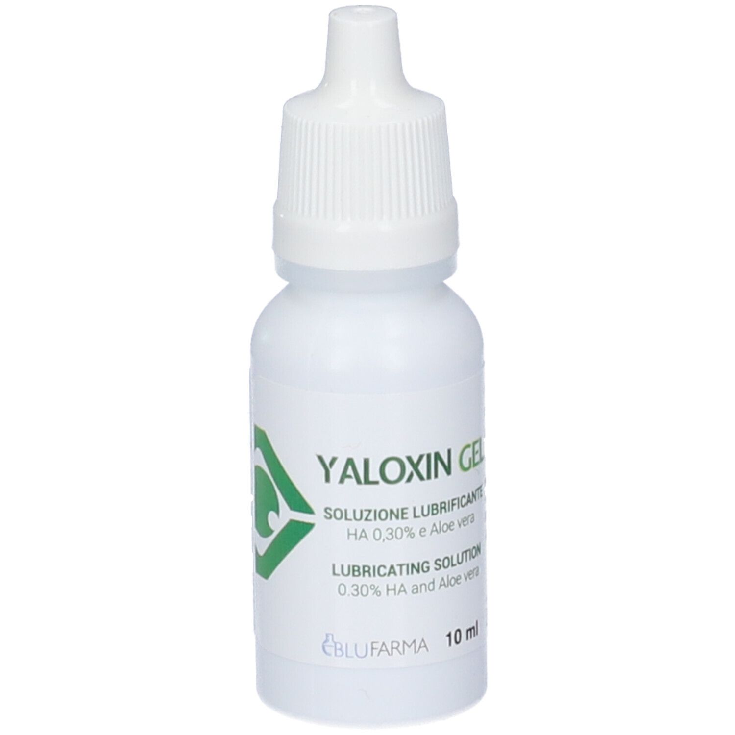 Flacone bianco con contagocce. Scritta: Yaloxin Gel, soluzione, 0,30% HA e Aloe vera. Logo.