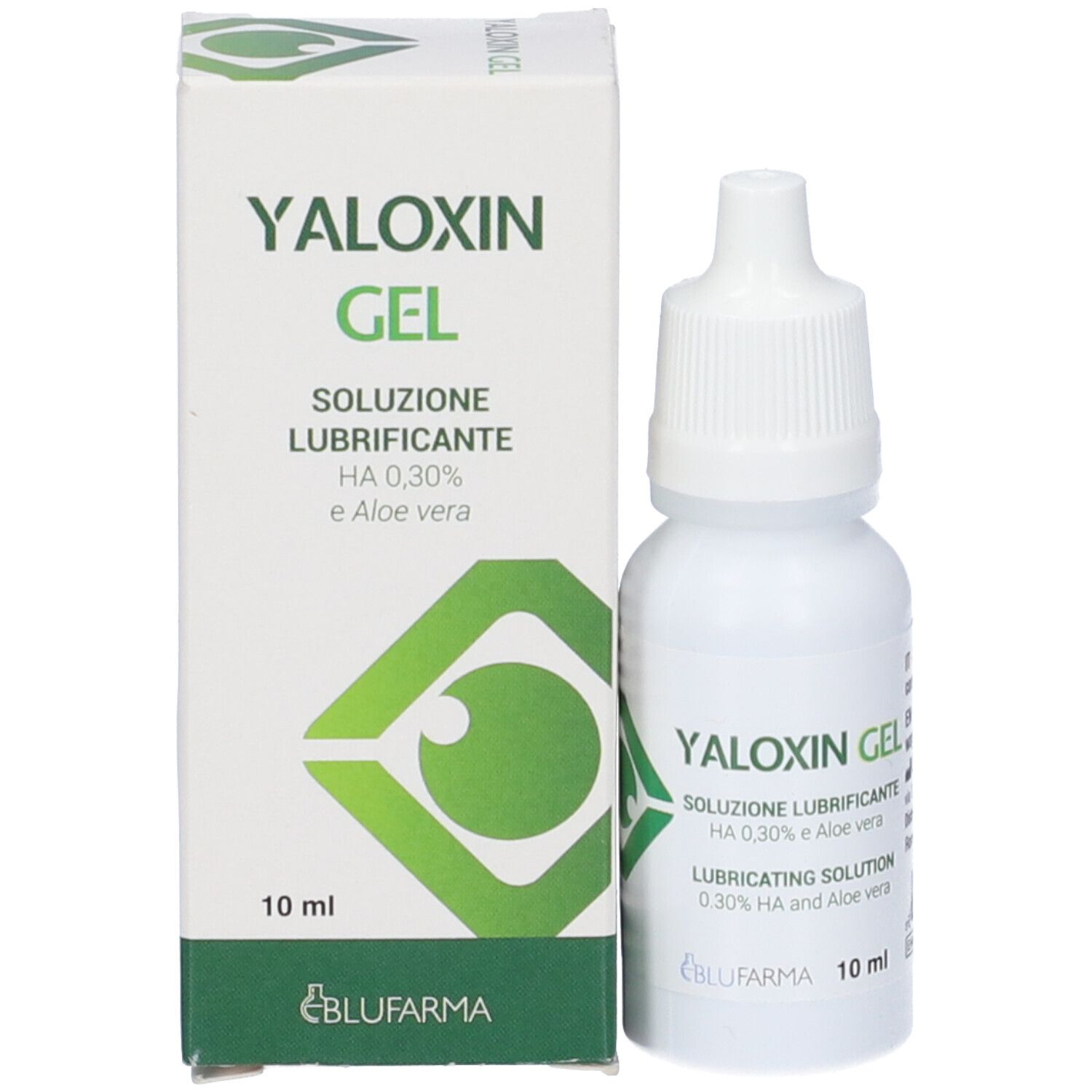 Confezione e flacone del prodotto. Scritta: Yaloxin Gel, soluzione, 0,30% HA e Aloe vera. Volume: 10 ml.