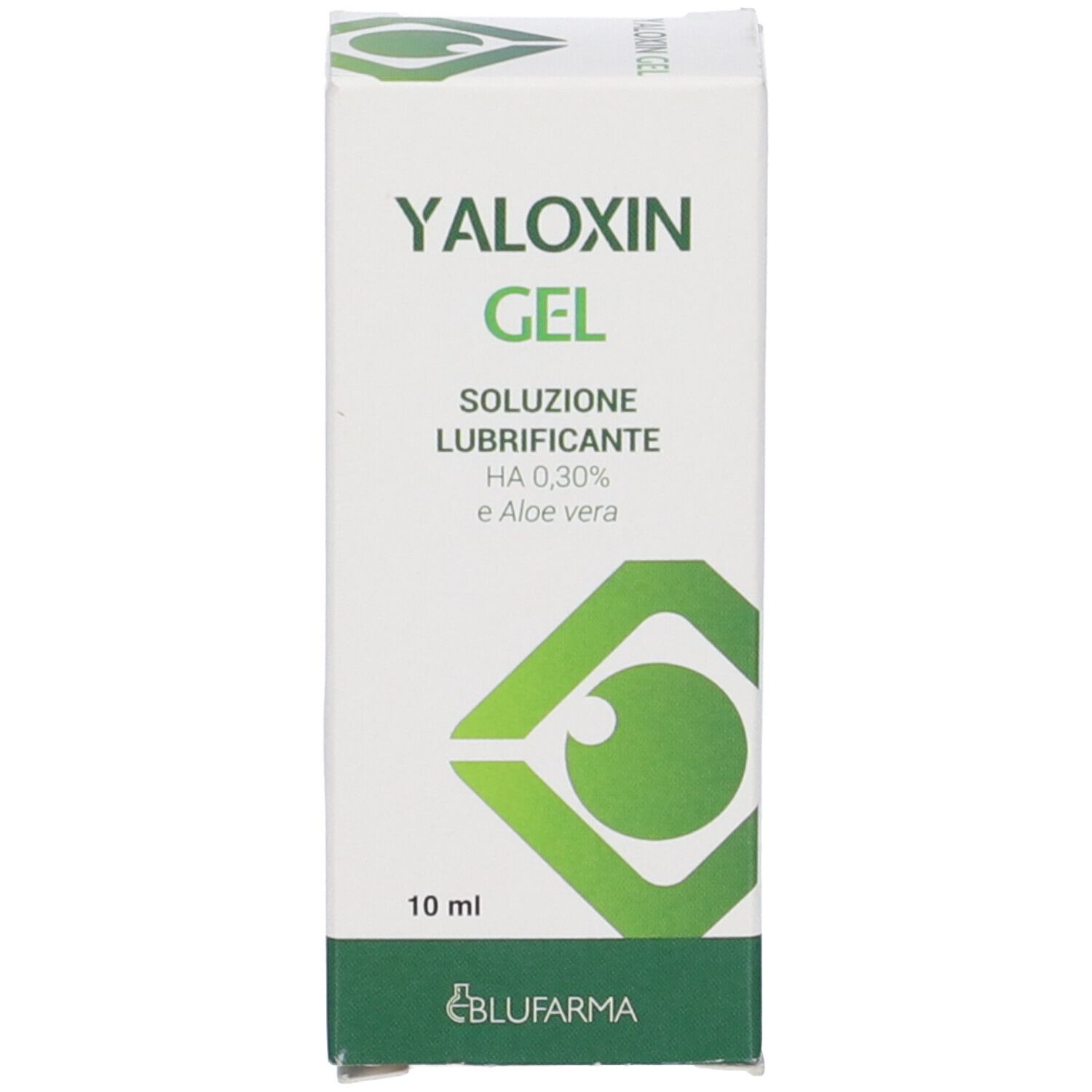 Confezione del prodotto. Scritta: Yaloxin Gel, soluzione, 0,30% HA e Aloe vera. Volume: 10 ml.