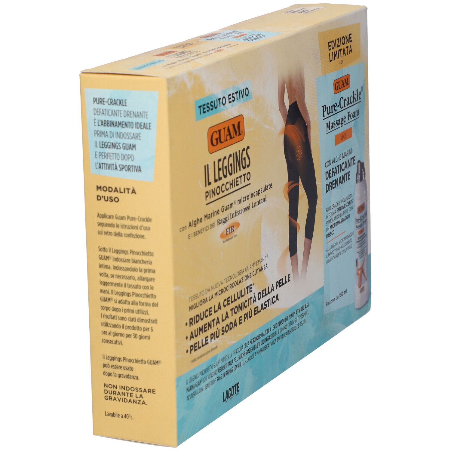 Confezione, vista laterale. Testo: Guam, Pure-Crackle, Edizione Limitata. Istruzioni per l'uso. Immagine di donna con leggings.