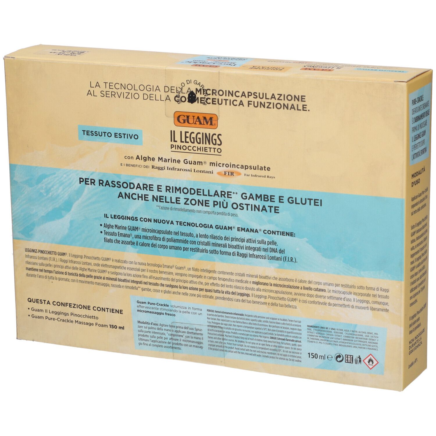 Confezione, retro. Testo: Guam, Il Leggings Pinocchietto, Pure-Crackle. Contiene: leggings e schiuma massaggio. Ingredienti.