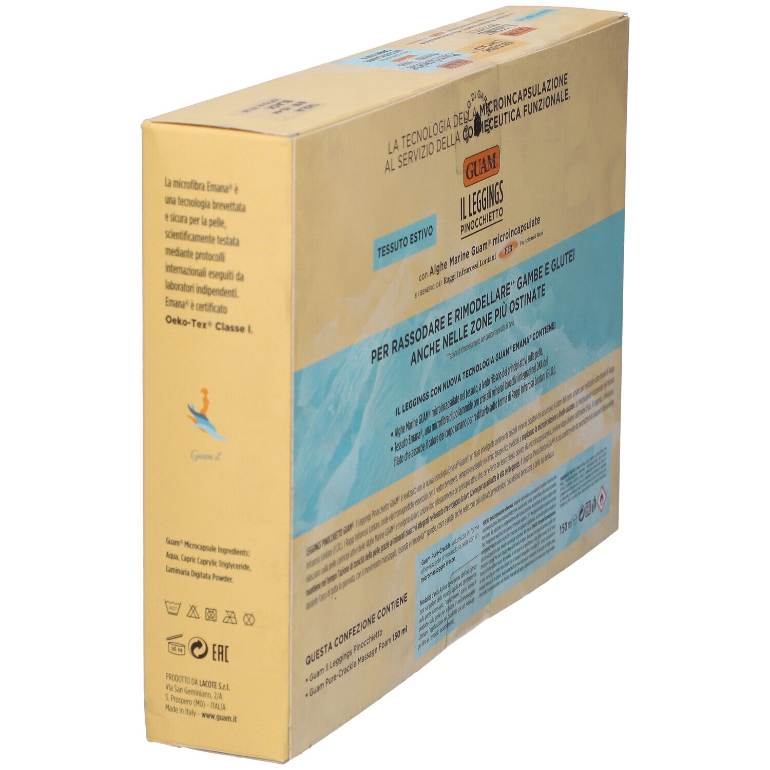 Confezione, vista laterale. Testo: Guam, Il Leggings Pinocchietto. Certificazione Oeko-Tex. Simboli di lavaggio.