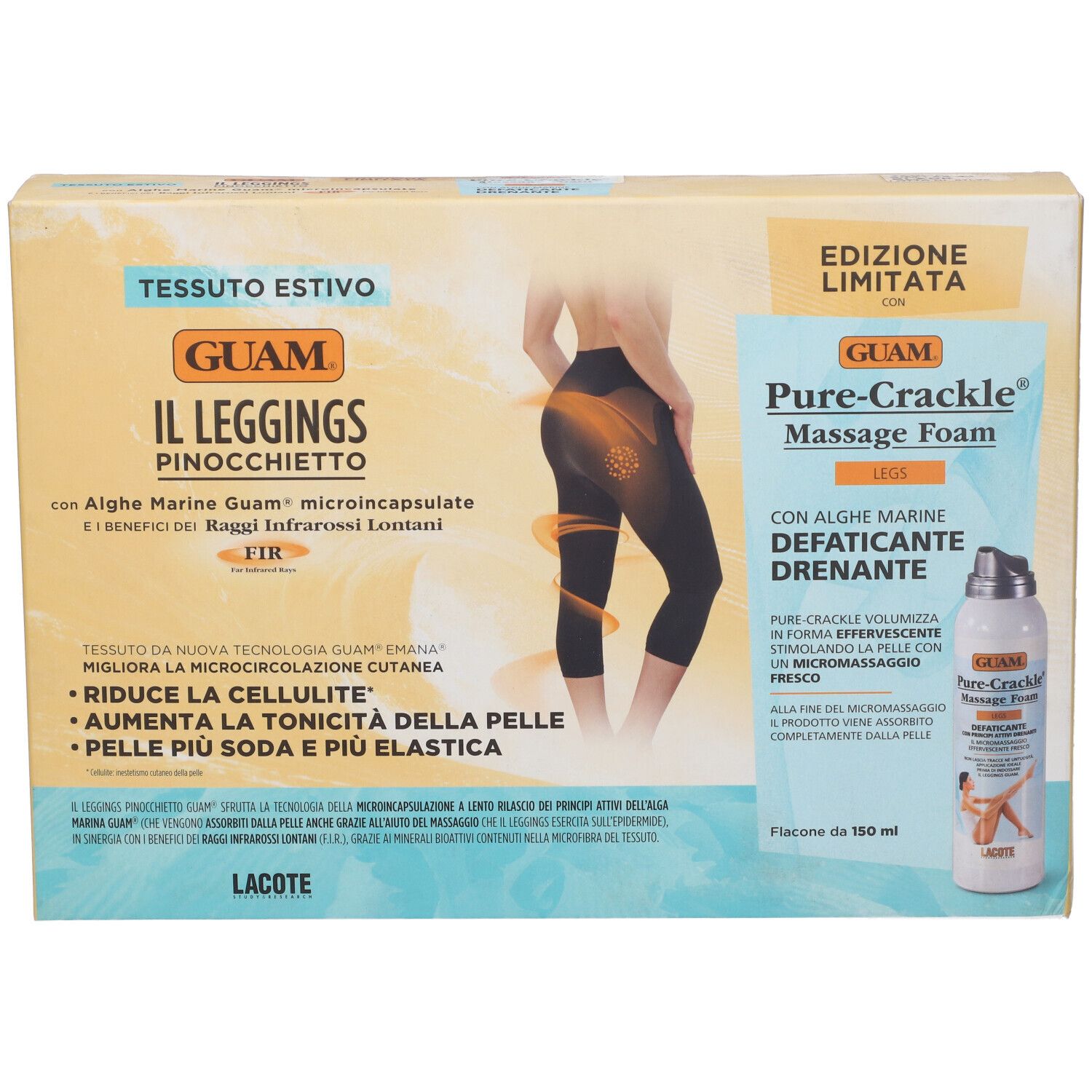 Confezione con leggings e schiuma massaggio. Testo: Guam, Pure-Crackle, Edizione Limitata. Immagine di donna con leggings.