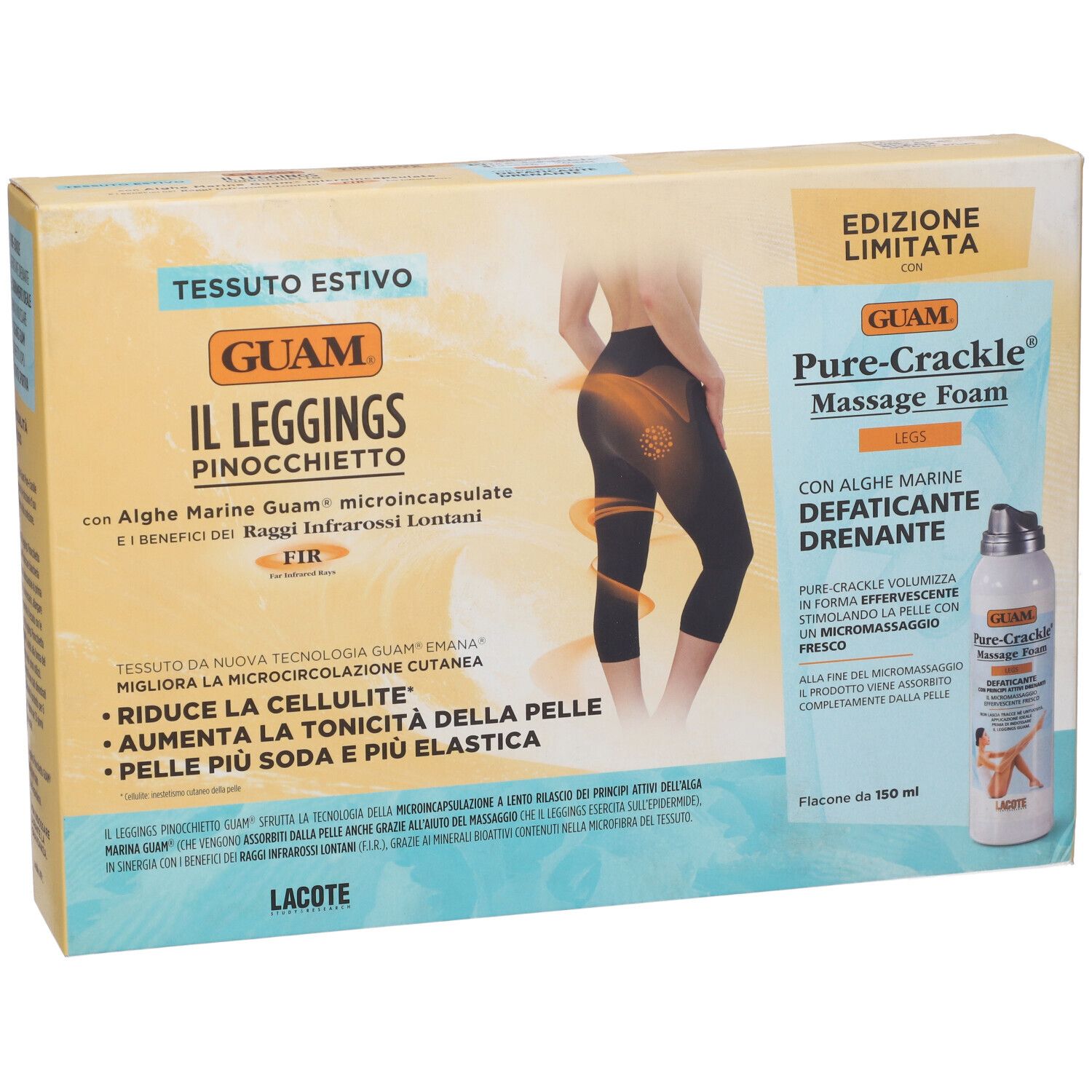 Confezione con leggings e schiuma massaggio. Testo: Guam, Pure-Crackle, Edizione Limitata. Immagine di donna con leggings.
