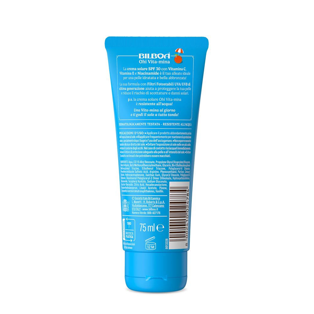 Retro del tubo blu. Testo sulla crema solare, ingredienti e utilizzo. 75 ml.