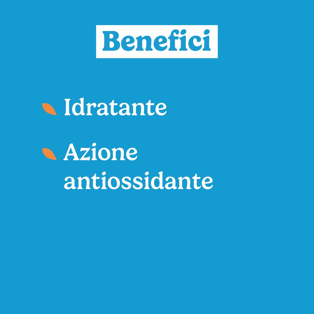 Testo su sfondo blu: Benefici. Idratante, azione antiossidante.