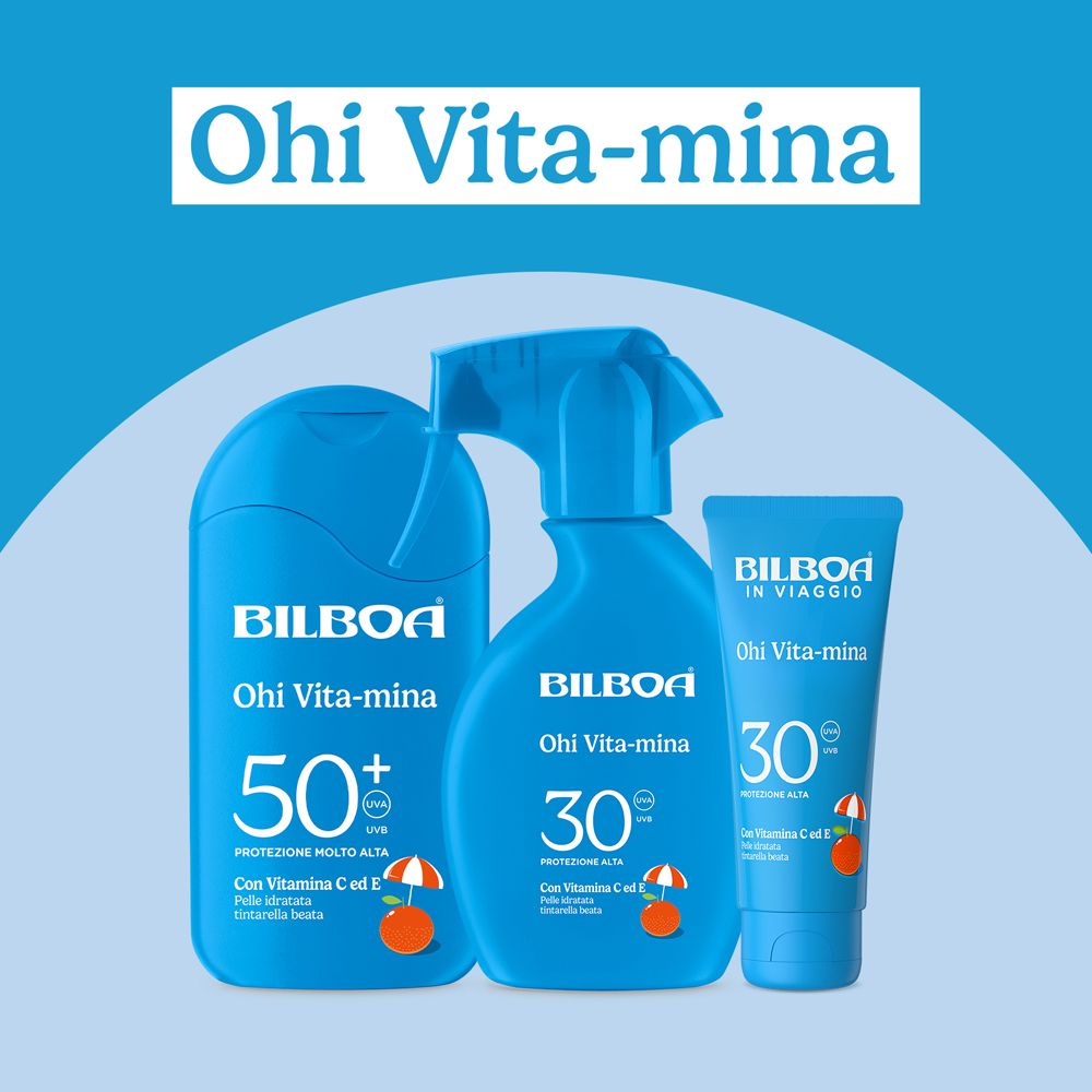 Tre prodotti solari blu. Ohi Vita-mina, SPF 50+, SPF 30 e spray. Con vitamina C ed E.