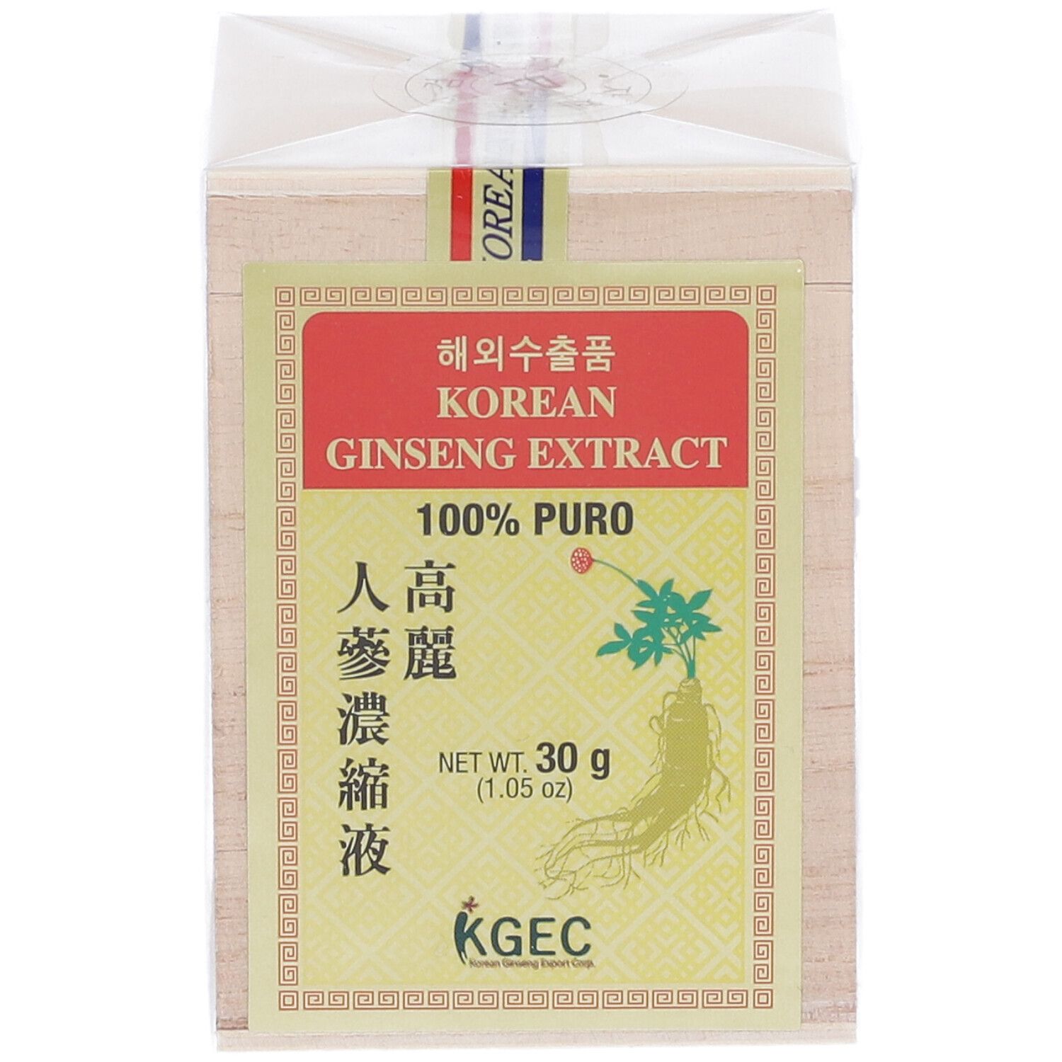 Scatola in legno con estratto di ginseng coreano. Etichetta rossa con testo multilingue. 100% Puro. Peso netto 30 g.