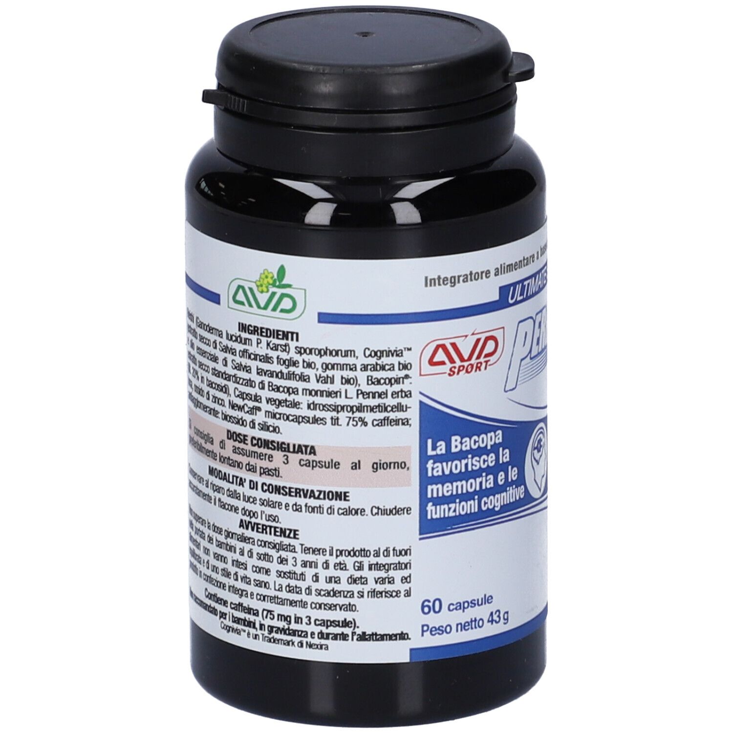 Flacone nero di capsule. Elenco ingredienti e dosaggio. Contiene 60 capsule. Peso netto 43g.